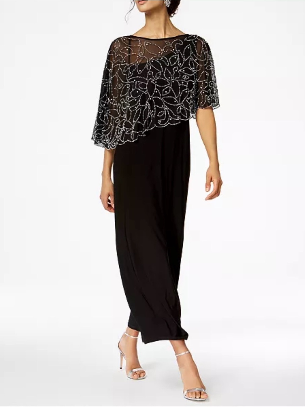 MSK Black Beaded Maxi Dress Overlay Gown S Sheer Pearl Formal Embellished Cape